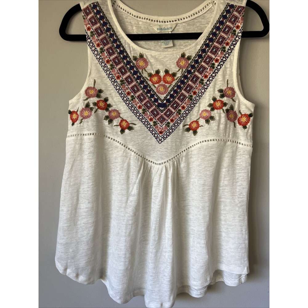 Sundance Idlewild Tank Top Ivory Linen Embroidered Sleeveless Floral Size XS